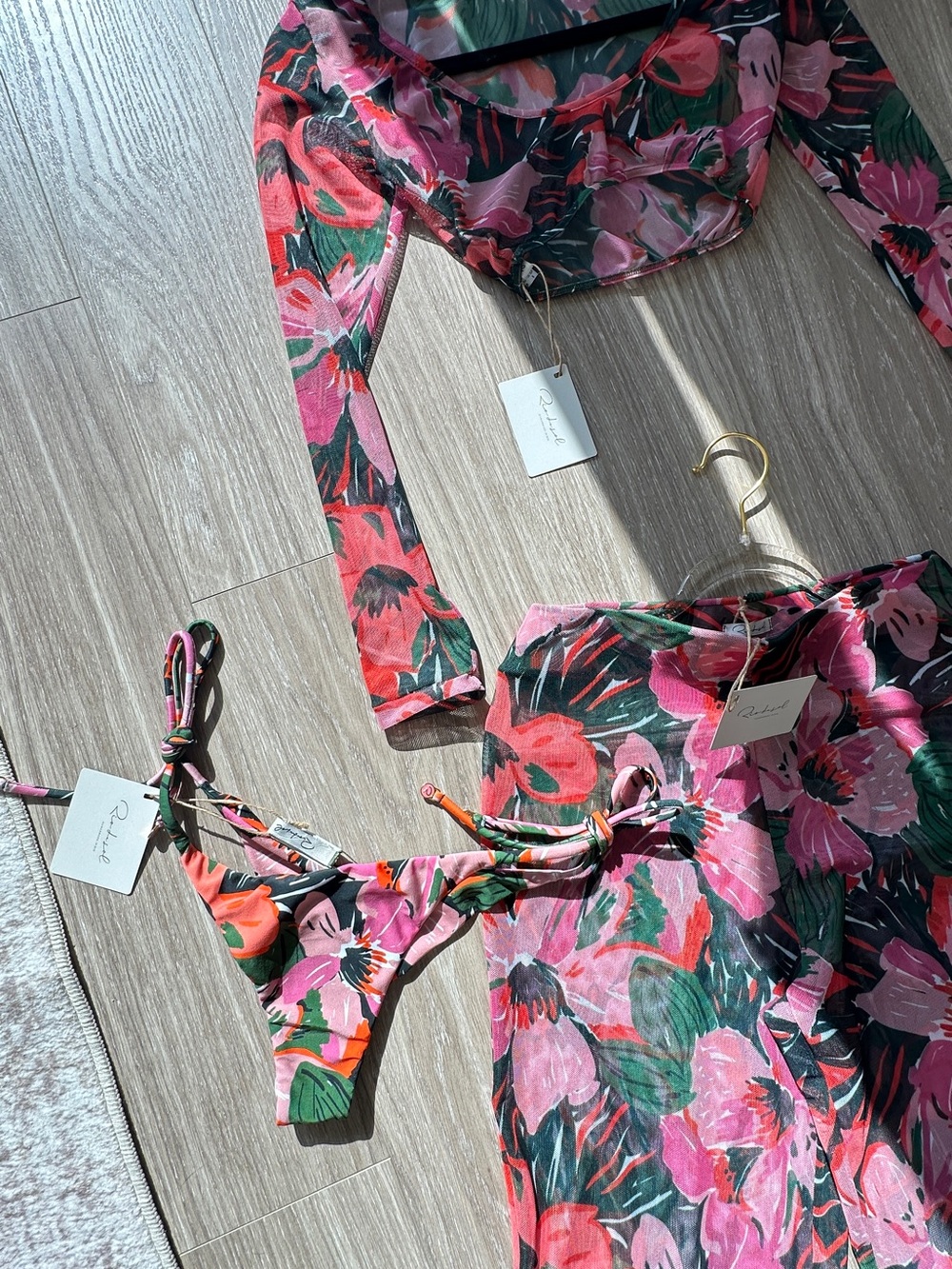 Floral Pink Mesh Bikini Cover-Up Set with Matching Top